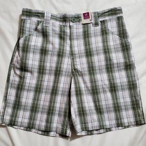 8-10 M-  Bobbie Brooks Olive Green, Brown & White Plaid Bermuda Golf Shorts